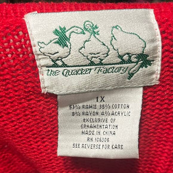 Quacker Factory 1X Christmas Knit Red Cardigan Sweater Full Zip Reindeer Beaded - Picture 6 of 7